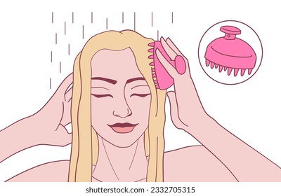 Girl taking a shower and using a Scalp massager brush.