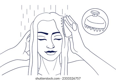 Niña duchándose y usando un cepillo de masaje Scalp. Ilustración del contorno del vector. 