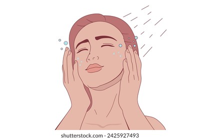 Girl taking a shower and washing her face. Skin care and beauty concept illustration.