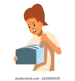 Girl taking slice of bread out of toaster using fork, enjoying breakfast time, preparing morning meal, domestic kitchen appliance