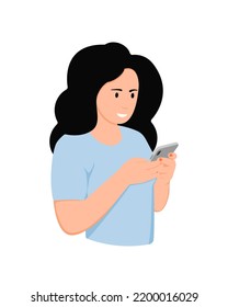 Girl taking a smartphone and writing message. Flat style.