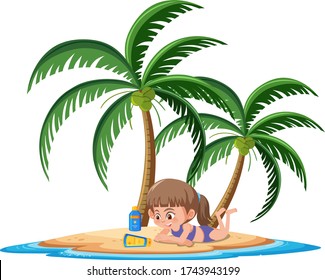 Girl taking sun bath with sunscreen lotion cartoon character on white background illustration