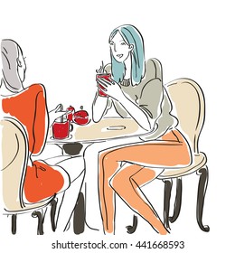 Girl talk at the table in cafe. Girl sitting with a phone. Vector illustration