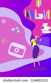 Girl talking about application with books and videos in cloud library. artistic flat vector illustration. Trendy banner for you buisness.