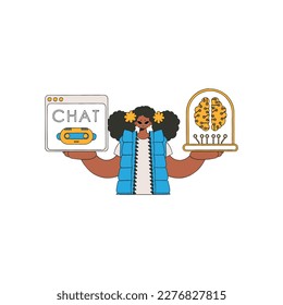 Girl talking with AI, depicted with a vector pic.