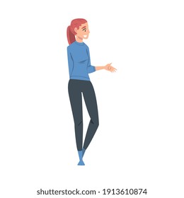 Girl Talking and Gesturing, Young Woman Communicating or Sharing Impressions Cartoon Style Vector Illustration