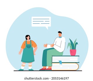 Girl talking to guy sitting on books pile. Flat vector illustration. Man and woman communicating sharing thoughts. Literature, education, imagination concept. Web page landing.