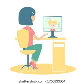 The girl is talking with her friend via the Internet. Cartoon vector illustration.