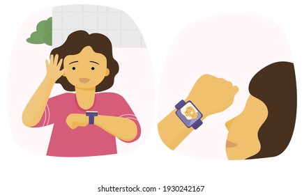 A girl talking with her mom by smart watch. Illustration flat vector.