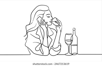 Chica hablando por teléfono y beber vino arte de línea continua dibujo aislado sobre fondo blanco. Ilustración vectorial