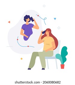girl talking on the phone with her friend, home, care, rest, leisure set of icons, illustration. Smartphones tablets user interface social media.Flat illustration Icons infographics. Landing page site