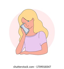 Girl talking on a phone. Illustration of a young girl having a conversation using a smartphone. Vector 8 EPS.