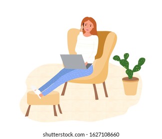 The girl is talking on the phone sitting on a chair with a laptop.