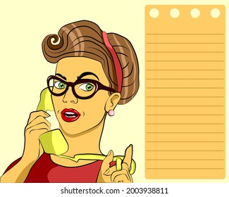 Girl is talking on the phone. Vector illustration with sheet of paper.