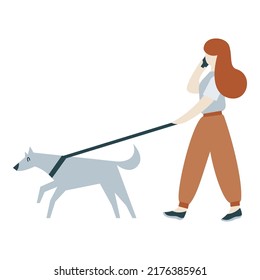 Girl talking on the phone and walking the dog. Flat cartoon art. Illustration isolated on white background. Vector art