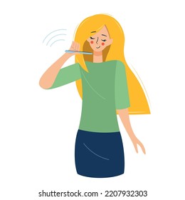 The girl is talking on the phone. Woman with phone, interesting conversation. Blonde on the wire. Conversation on the phone. Vector isolated illustration, icon, avatar. Flat style.