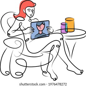 Girl talking on the tablet with a friend. A woman sits in a chair with the tablet. Continuous single line hand drawn contour flat design portrait minimal illustration.
