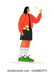 The girl is talking on a video call. A girl with a bouquet in her hands. Vector illustration.