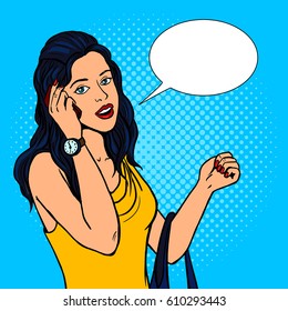 Girl talking phone pop art retro vector illustration. Comic book style imitation.