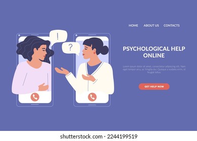 The girl is talking to a professional psychologist using her phone. Online therapy concept. Banner for the main page of the site, application or printed products. Vector illustration.