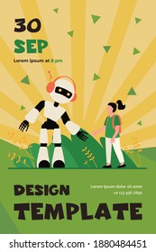 Girl talking to robot. Humanoid, cyborg, machine flat vector illustration. Robotics class, artificial intelligence, technology concept for banner, website design or landing web page