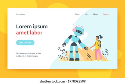 Girl talking to robot. Humanoid, cyborg, machine flat vector illustration. Robotics class, artificial intelligence, technology concept for banner, website design or landing web page