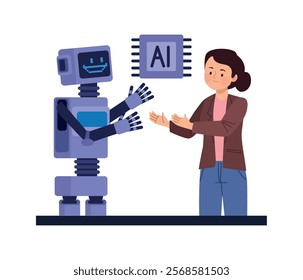 girl talking with robot isolated