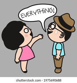 A Girl Talking To A Scared Boy With Words Everything In His Speech Bubble. Couple Life Concept Card Character illustration