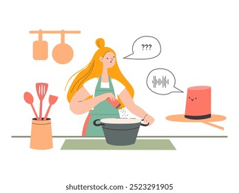 Mädchen sprechen mit einem intelligenten Lautsprecher beim Kochen. Vektorgrafik des Sprachassistenten.