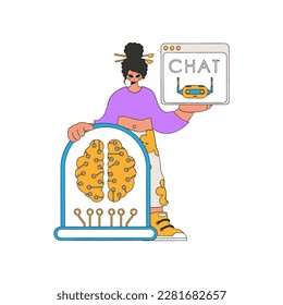 Girl talks to AI via a handheld device vector illustration.