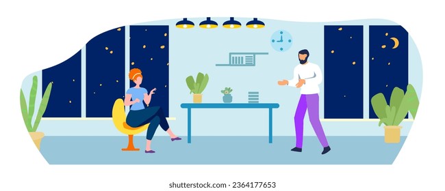 Una chica habla con un tipo en una habitación con una ventana. Conversación amistosa. Interior, habitación, noche, estrellas, luna. Ilustración vectorial.
