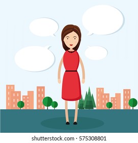 The girl talks a lot. Woman in dress talking. Speech Cloud, conversation. Vector character in flat