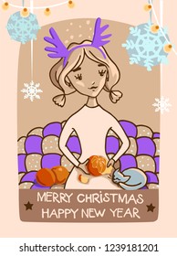Girl with tangerines and a cat. Christmas season