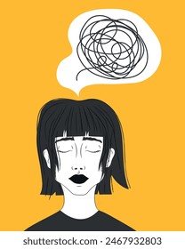 A girl with a tangle of thoughts, anxiety and messed emotions. Woman worried about bad mental health. Mental disorder and chaotic thoughts