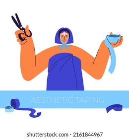 Girl with tapes on her face. Girl with scissors in hand. After bath. Face modeling and lifting skin concept. Aesthetic facial taping.  Anti-age alternative in cosmetology. Frownies. Facial patches