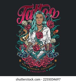 Girl tattoo artist colorful flyer portrait cocky woman inviting to make tattoo among flowers with snake or skull vector illustration