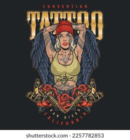 Girl tattoo artist colorful flyer with dark wings behind woman dressed in hipster style and inscription tattoo convention vector illustration