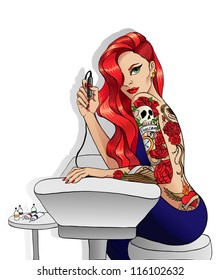 Girl Tattoo Artist On The White Background
