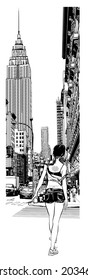 Girl with tattoo and braid hair at a big crossroads in the center of New York - vector illustration