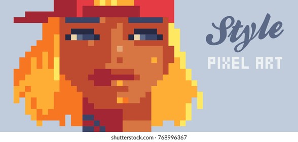 Girl with tattoo character. Pixel art style. Beautiful blonde. Greeting card design. Fashion logo. 8-bit. Isolated vector illustration.