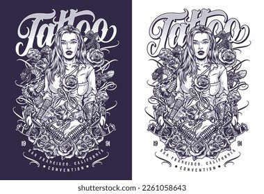 Girl tattoo convention monochrome flyer flowers and devices tattooist with snakes and skulls in front hipster cool lady vector illustration