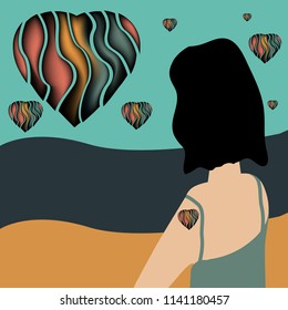 A girl with a tattoo heart watches hearts rise in the sky in a minimalist surreal fashion and beauty illustration.