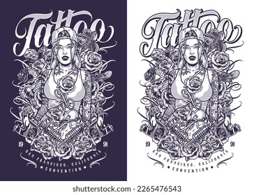 Girl tattoo master flyer monochrome invitation to salon with tattooed woman from California standing among snakes and flowers vector illustration