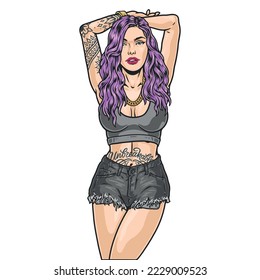 Girl with tattoos sketch colorful beautiful and daring woman dressed in summer clothes in youth street style vector illustration