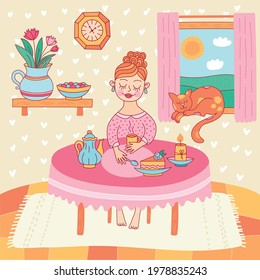 Girl with tea cup in her house colorful vector illustration