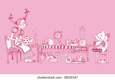 Girl With A Tea (hand drawn vector sketch)