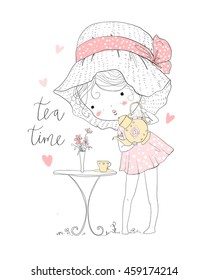 Girl with tea and lettering