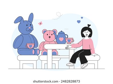 Chica en la fiesta del té. Colegiala se sienta a la mesa con tetera y tazas. El niño juega en la habitación de los niños con juguetes. Chico con osito y liebre. Ilustración vectorial lineal aislada sobre fondo blanco