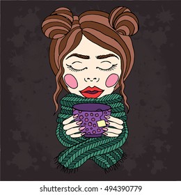 Girl and tea vector set. Autumn and winter illustration. Cute object isolated. Art cartoon doodle color style. Print, decor, warm, ?loth, design, wallpaper, wrapping, textile, card, holiday. Eps10.