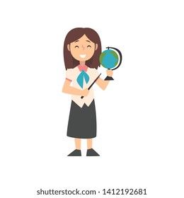 Girl Teacher Character with Pointer and Globe, Kid Dreaming of Future Profession Vector Illustration